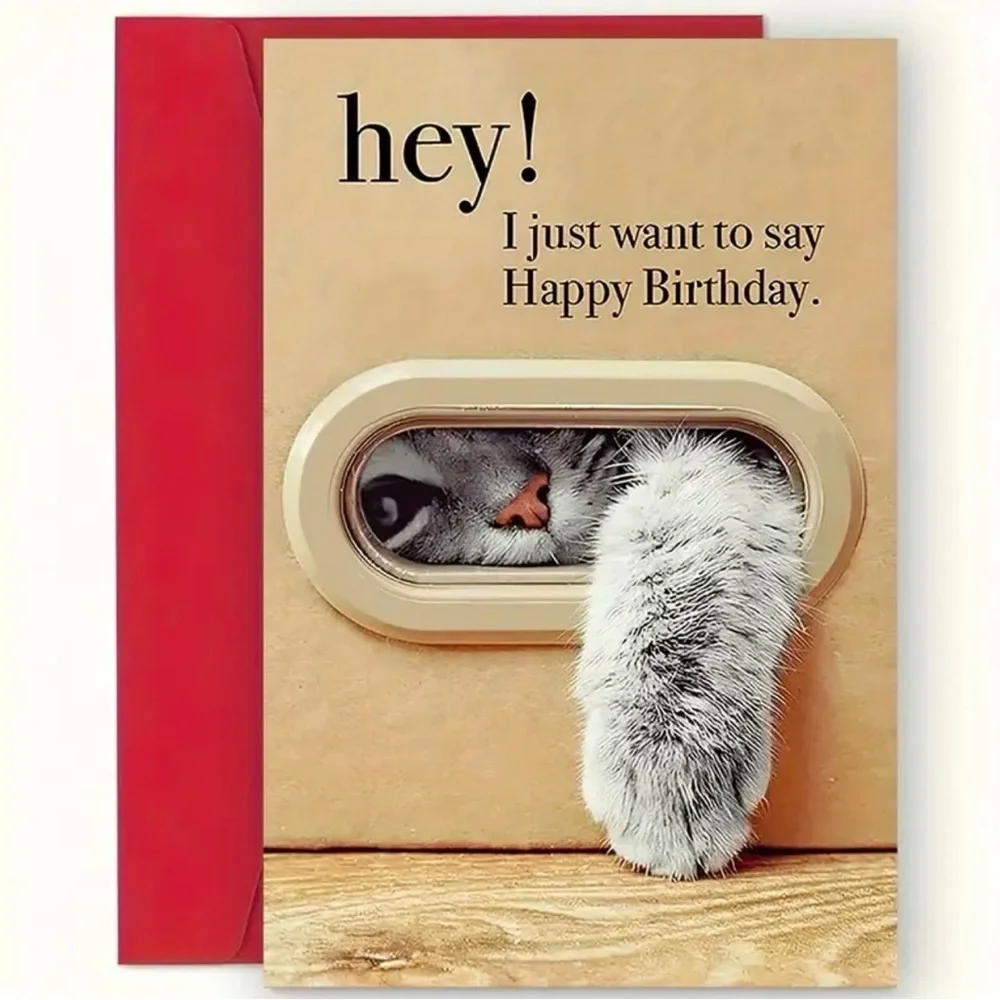 Cute Cat Birthday Card - Beige and Red